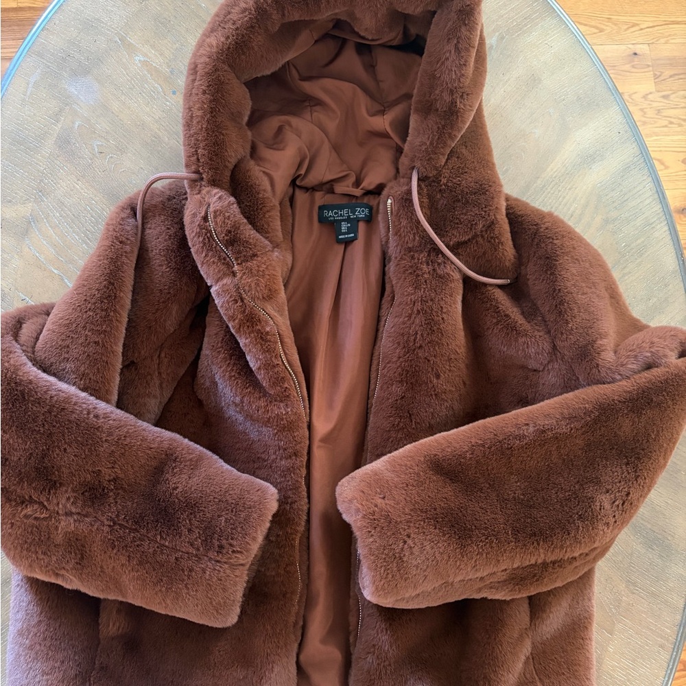Rachel Zoe Plush Faux Fur Hooded Coat - Rust